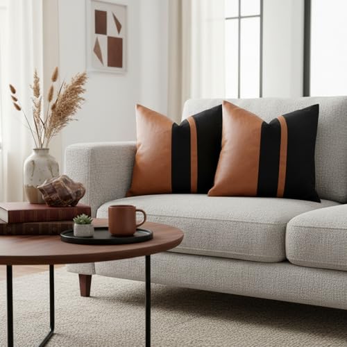 Set of 2 Black and Brown Decorative Throw Pillow Covers 20x20 Inch Faux Leather and Velvet Patchwork Pillow Cover,Modern Farmhouse Accent Pillow Case for Living Room Couch Bed Boho Home Decor