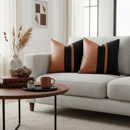Set of 2 Black and Brown Decorative Throw Pillow Covers 20x20 Inch Faux Leather and Velvet Patchwork Pillow Cover,Modern Farmhouse Accent Pillow Case for Living Room Couch Bed Boho Home Decor