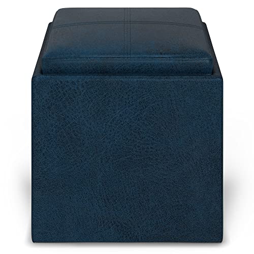 Rockwood Cube Storage Ottoman with Tray - 17" Wide x 17" High Upholstered Vegan Leather Square Storage Ottoman in Distressed Dark Blue, Contemporary Cube Ottoman with Serving Tray