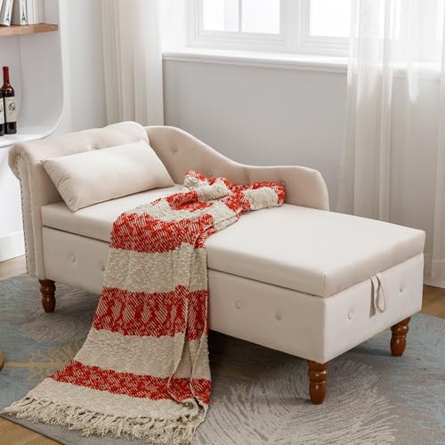 Beige Velvet Chaise Lounger with Storage for Bedroom & Living Room, view 2