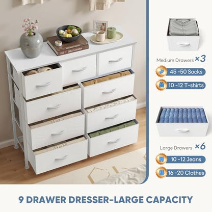Dresser for Bedroom, Storage Organizer with 9 Drawers, Chest of Drawers with Fabric Bins, Sturdy Metal Frame, Wood Tabletop for Guest Room, Closet, Entryway, White