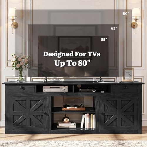 Farmhouse TV Stand with Power Outlet for 80 Inch TVs, Black, view 8