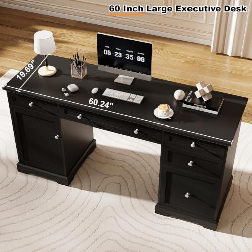 Black Executive Desk with Drawers, 60" Office Desk with Storage, view 7