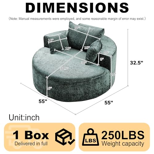 Green Round Barrel Accent Chair, Textured Polyester Upholstered Lounge Chair with 3 Throw Pillows, Modern Comfy Single Sofa for Living Room Bedroom Reading Nook Home Office