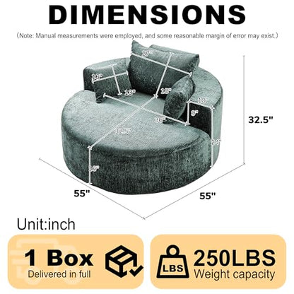 Green Round Barrel Accent Chair, Textured Polyester Upholstered Lounge Chair with 3 Throw Pillows, Modern Comfy Single Sofa for Living Room Bedroom Reading Nook Home Office