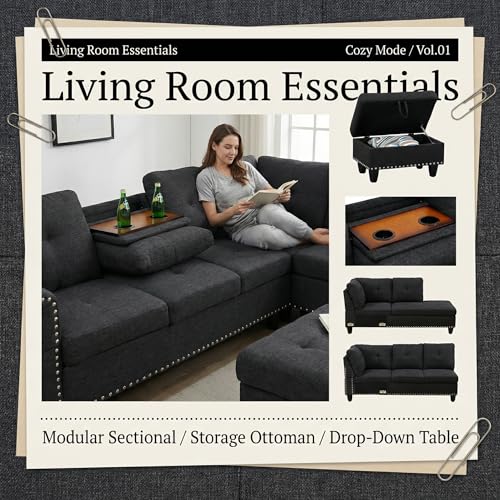 97.5" L Shaped Couch Set, Modular Sectional Couches for Living Room with Storage Ottoman, 4 Seat Home Sofa Living Room Furniture Sets with Chaise for Apartment Office (Linen, Dark Grey)