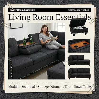 97.5" L Shaped Couch Set, Modular Sectional Couches for Living Room with Storage Ottoman, 4 Seat Home Sofa Living Room Furniture Sets with Chaise for Apartment Office (Linen, Dark Grey)