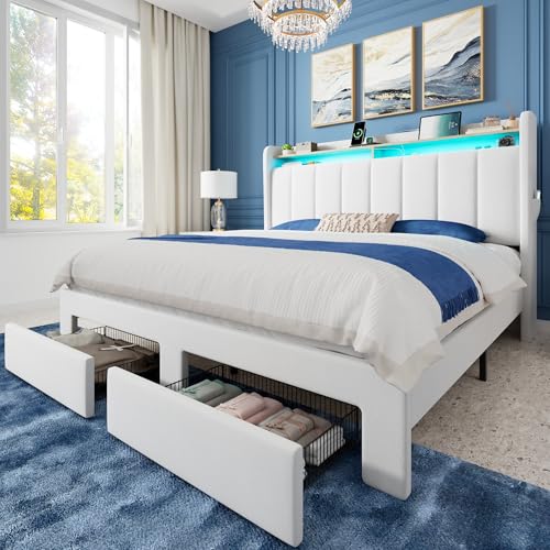 Queen Bed Frame with 2-Tier Storage Headboard & 2 Large Drawers, view 2