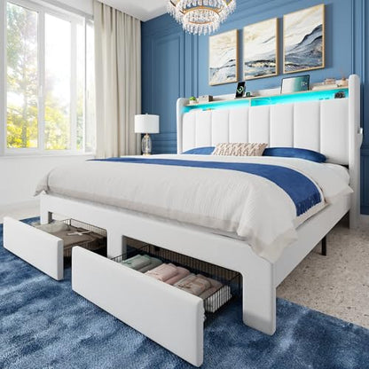 Queen Bed Frame with 2-Tier Storage Headboard & 2 Large Drawers, view 2