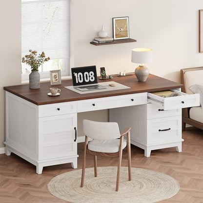 60" Wooden Home Office Desk with File Drawers, Executive Desk with Adjustable Cabinet, Farmhouse Wood Desk with Power Outlet, Distressed Study and Work Table, Rustic White
