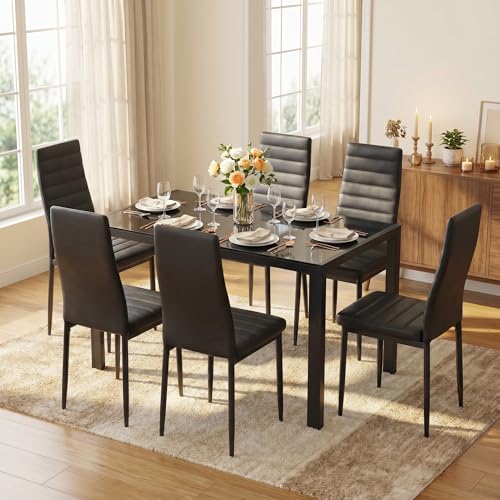 Glass Dining Table Sets for 6, 7 Piece Kitchen Table and Chairs Set for 6 Person, PU Leather Modern Dining Room Sets for Home, Kitchen, Living Room