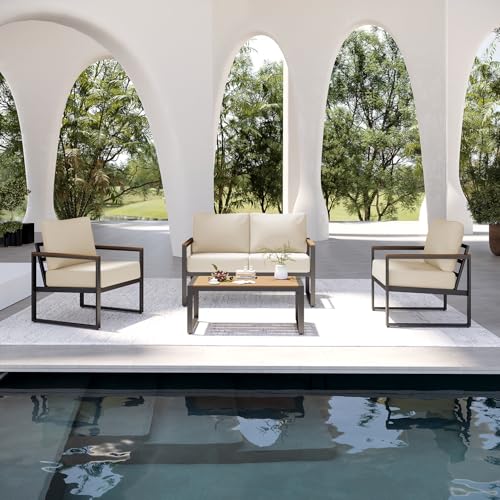 Patio Furniture Set, 4 Piece Outdoor Patio Furniture with Thick Cushions, Modern Metal Outdoor Conversation Sets with Coffee Table for Porch, Balcony, Deck Beige