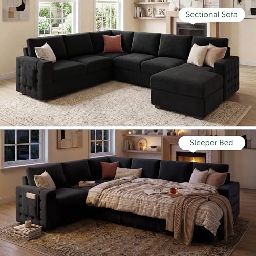 Sectional Sleeper Sofa with Pull Out Bed U-Shape Sectional Couch with Storage Chaise 6 Seater Sleeper Sectional Sofa Bed, Velvet Black