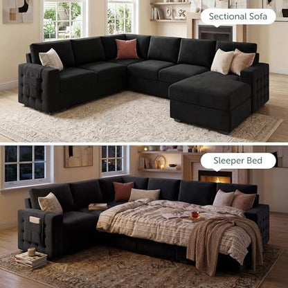 Sectional Sleeper Sofa with Pull Out Bed U-Shape Sectional Couch with Storage Chaise 6 Seater Sleeper Sectional Sofa Bed, Velvet Black