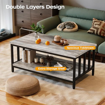 Coffee Table for Living Room with Slatted Sides Frame, Modern Farmhouse Living Room Table with 2-Tier Storage Shelf for Home Office, Apartment, Grey Wash, 39 inch
