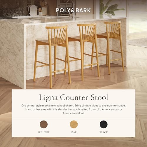 Poly & BARK Ligna Counter Stool Oak– Mid-Century Inspired Stool with Sculpted Spindle Back – Solid American Oak Frame and Engineered Wood Veneered Seat – Fully Assembled and Ready to Use