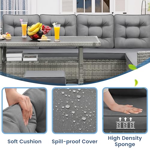 6 Piece Patio Furniture Set, Dining and Conversation Set, Grey | UV Treated Wicker, Machine Washable Cushions, Seats 7, 2 Ottomans, 3 Sofa Section, Dining Table, Rustproof Frame