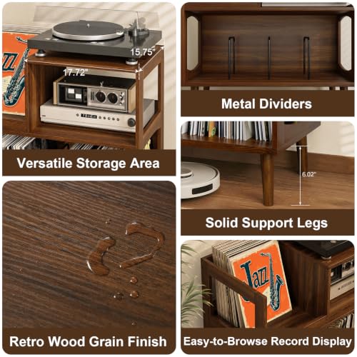 Record Player Stand with Vinyl Storage, Mid-Century Turntable Stand, Walnut, view 7