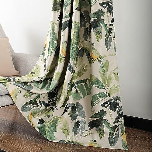 Extra Wide Curtains for Living Room, 1 Pc Blackout Curtains & Drapes Panel with Grommet, Green Macaw Pattern Print Window Treatment for Sliding Glass Door 100 Inches Wide