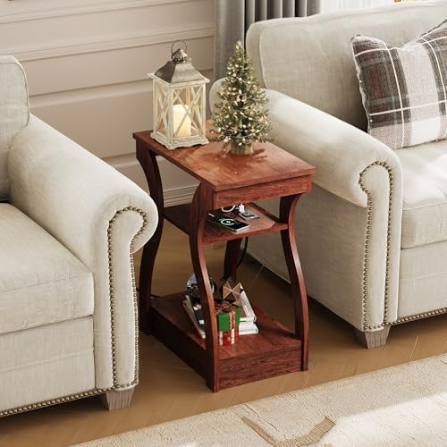 End Tables Living Room Set of 2, Cherry Side Tables with Charging Station, Nightstand for Bedroom, 3 Tier End Table with Storage Shelf, Side Table Set of 2 for Living Room, Cherry
