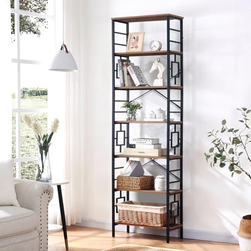 Tall Bookshelf, 84 Inch Industrial Bookshelf with Metal Frame and Open Shelves, 7 Tier Metal Bookshelves and Bookcases, Rustic Tall Book Shelf for Office, Living Room and Bedroom, Brown