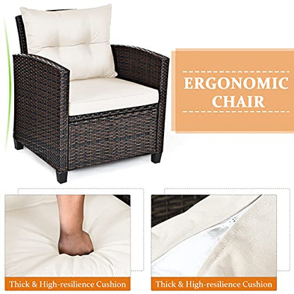 3 Pieces Patio Conversation Set, Outdoor Furniture Set PE Rattan Sofa Set with Removable Cushions, PE Wicker Chairs with Tempered Glass Side Table for Porch Lawn Garden Balcony Backyard