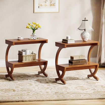 Tribesigns 2pcs Wood Nightstand, Mid-Century Modern Bedside Table with 2-Tier Storage and Curved Crossed Legs, Narrow End Table for Bedroom, Living Room, Easy Assembly, Walnut Color (2)