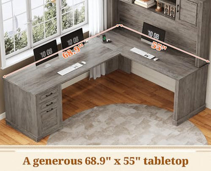 Farmhouse L Shaped Desk with Hutch and 3 Drawers, view 7