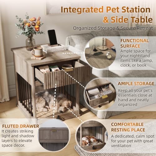 Dog Crate Furniture End Table with Charging Station & Drawer for Small Dogs, view 5