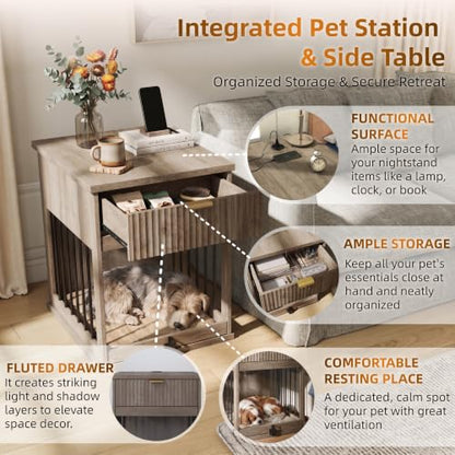 Wooden Dog Crate Furniture End Table with Drawer for Small Dogs (Grey), view 6
