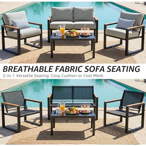 4 Pieces Patio Furniture Sets,Outdoor Metal Sectional Furniture Modern Patio Conversation Set,Fauxwood Anti-Scald Armrest,Sling Mesh,Tempered-Glass Table,4" Olefin Cushions