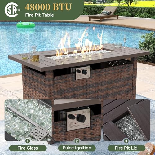 8 Piece Patio Furniture Set with 44” Fire Pit Table Wicker Rattan Outdoor Sectional Sofa Set with Coffee Table and Thickened Cushions, Beige