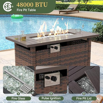 8 Piece Patio Furniture Set with 44” Fire Pit Table Wicker Rattan Outdoor Sectional Sofa Set with Coffee Table and Thickened Cushions, Beige