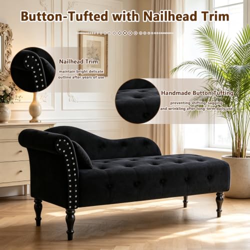 Velvet Upholstered Chaise Lounge Chair Indoor with Pillow, view 6