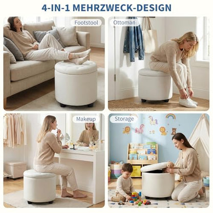 Upholstered Button Tufted Round Ottoman, PU Storage Ottoman Round, Removable Lid Convenient Footstools, Classic Ottoman with Storage for Nursery Room, IvoryWhite
