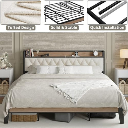 King Size Bed Frame with Headboard & Charging Station,Wood and Cream, view 8