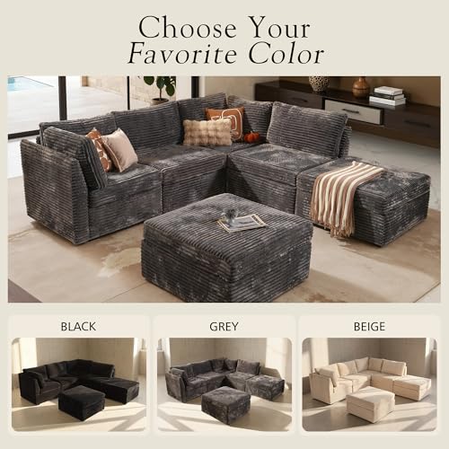 6-Pieces Modular Sectional Corduroy Sofa Set, U Shaped Couch Reversible Chaise Modular Sectional Couch, 125 inch Width, 6 Seat Modular Sofa with Ottoman, Gray