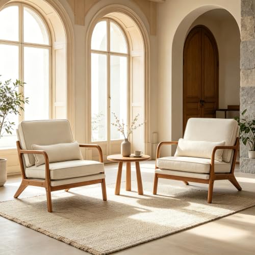Beige Linen Upholstered Accent Chairs with Solid Wood Frame and Lumbar Pillow, view 2