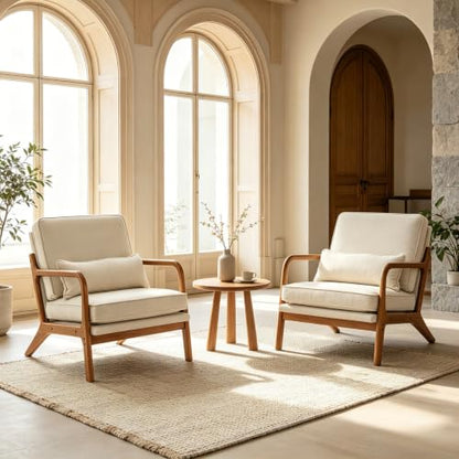 Beige Linen Upholstered Accent Chairs with Solid Wood Frame and Lumbar Pillow, view 2
