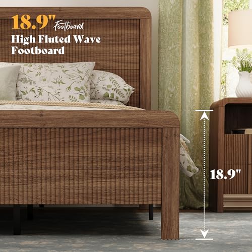 Queen Wood Bed Frame with Fluted Headboard & Footboard, Walnut, view 5