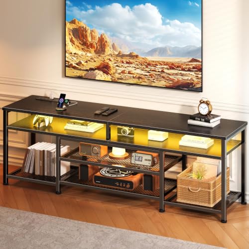 TV Stand with Power Outlets and LED Lights, 63 Inch Entertainment Center for 60 65 70 Inch TVs, Media Console Table with Open Shelves, for Bedroom, Living Room, Black