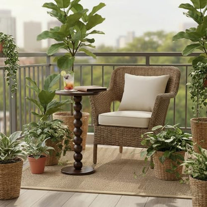 Solid Wood Round Side Table - Boho End Table for Living Room & Bedroom - Small Narrow Nightstand - Spool Bobbin Accent Furniture & Plant Stand- 22" Tall