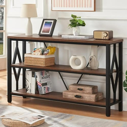 Sofa Console Table, Rustic Console Table with 3-Tier Storage, Engineered Wood Sofa Tables with Open Shelves, Heavy Duty Entryway Tables for Living Room, Hallway (47 Inch, Rustic Brown)