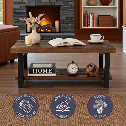 Pomona Rustic Coffee Table with Storage Shelf - 42-Inch Industrial Modern Metal and Solid Wood Living Room Table - Easy Assembly Farmhouse Living Room Furniture (Rustic Natural)