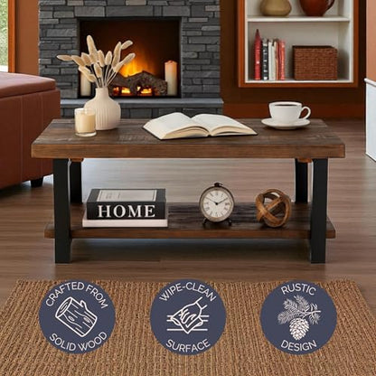 Pomona Rustic Coffee Table with Storage Shelf - 42-Inch Industrial Modern Metal and Solid Wood Living Room Table - Easy Assembly Farmhouse Living Room Furniture (Rustic Natural)