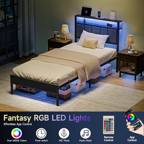 14 Inch Storage Headboard with Charging Station Twin Bed Frame, view 4