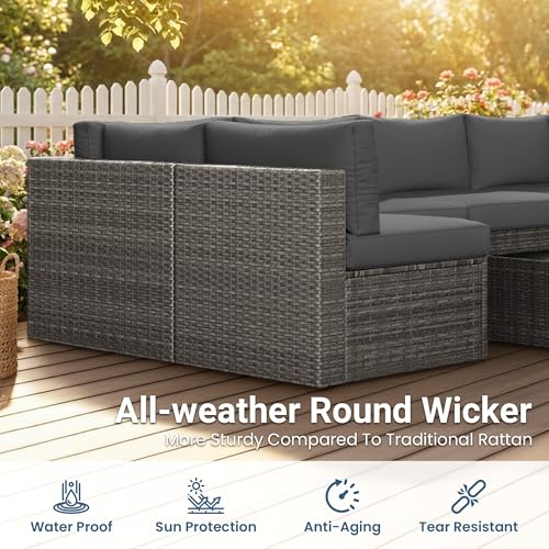 7 Pieces Wicker Outdoor Patio Furniture Set, Patio Sectional Sofa with Coffee Table, All-Weather Outdoor Sectional Furniture for Garden Backyard, Grey
