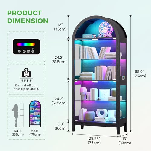 Arched Display Case with RGB Lights, 69" Tall 5-Tier Tempered Glass Display Cabinet with Doors, LED Curio Cabinet with Shelf, Bookcase with Music-Synced Lighting for Living Room (Black)