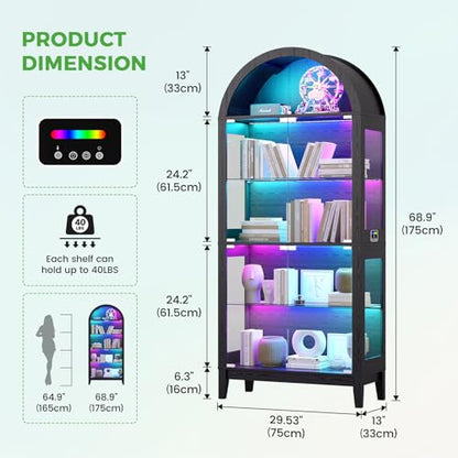 Arched Display Case with RGB Lights, 69" Tall 5-Tier Tempered Glass Display Cabinet with Doors, LED Curio Cabinet with Shelf, Bookcase with Music-Synced Lighting for Living Room (Black)