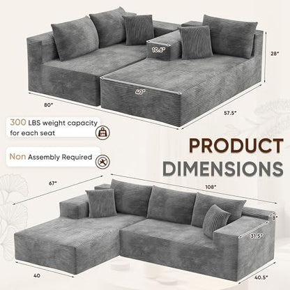 108” Cloud Sectional Couches, Boneless Couch Modular L-Shaped Sofa with Deep Seat, Modern Comfort Upholstered Sofas for Living Room, No Assembly Required (Corduroy, Grey)